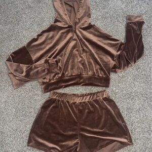Women's Brown Velvet Hoodie and Shorts Set